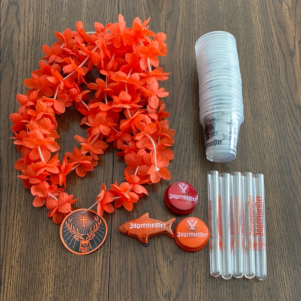 “5/$20” Jagermeister Orange Party Supplies Set shot glasses lights necklaces